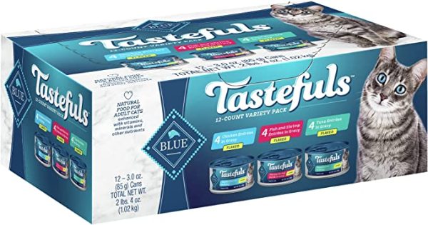 Blue Buffalo Tastefuls Natural Flaked Wet Cat Food Variety Pack, Tuna, Chicken, Fish & Shrimp Entrées in Gravy Sale