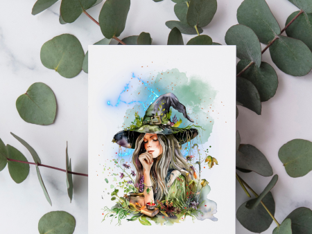 Blue Lightning Botanical Witch - Blank Greeting Card For Discount