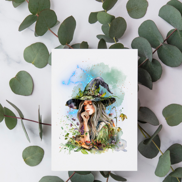 Blue Lightning Botanical Witch - Blank Greeting Card For Discount