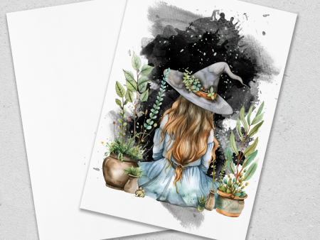 Blue Green Botanical Witch - Blank Greeting Card Cheap